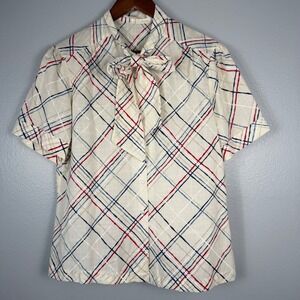 Vintage Plaid Bow Blouse Short Sleeve Button Up Cream Red Blue Made in USA
